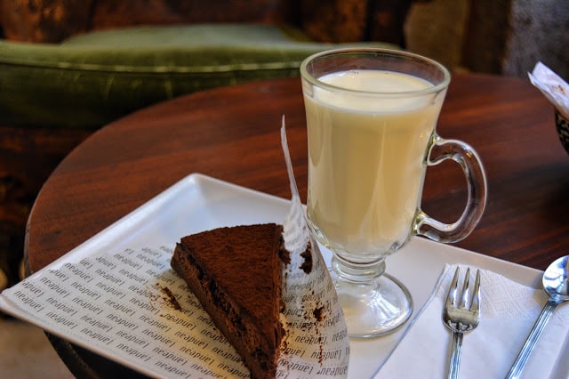 A piece of chocolate cake with milk in Lisbon