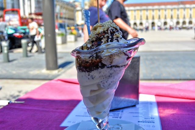 A delicious looking icecream overlooking a main plaza in Lisbon
