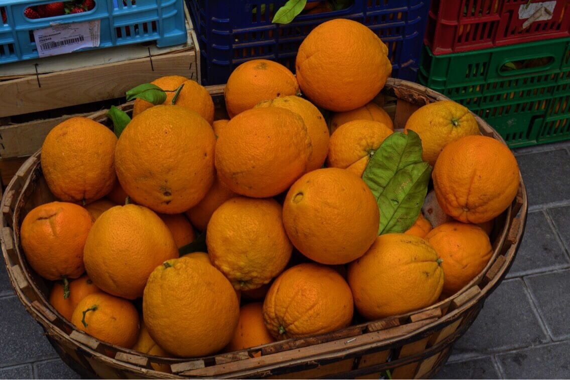 A basketful of french oranges in Mallorca, Spain