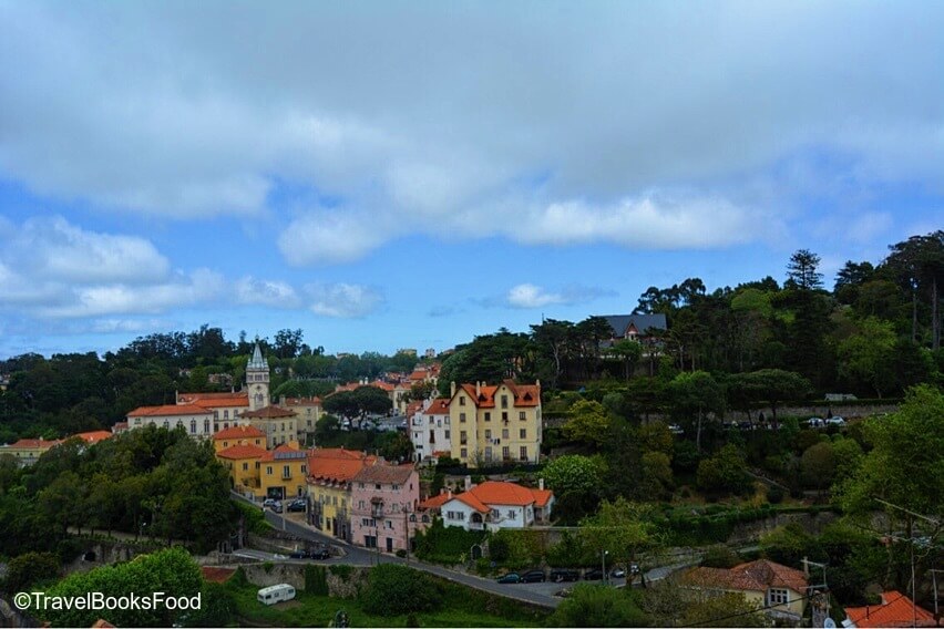 A view of the many estate houses atop a hill in the town of Sintra in Portugal