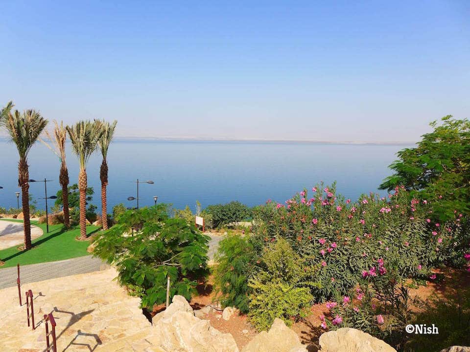 This is a photo of the Dead Sea from a resort in Jordan in the day