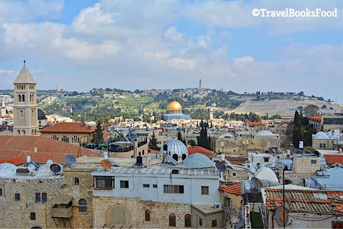 This is the view of the old city of Jerusalem from the top of a building. You can see Dome of the Rock in this picture.