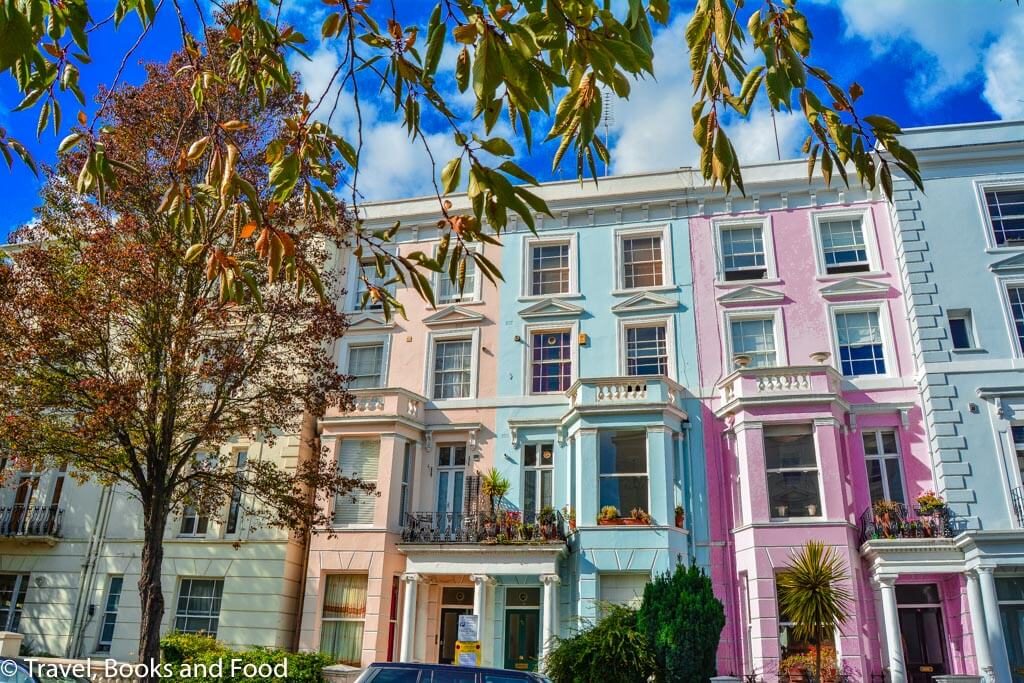 A street with colourful houses in Notting Hill in London