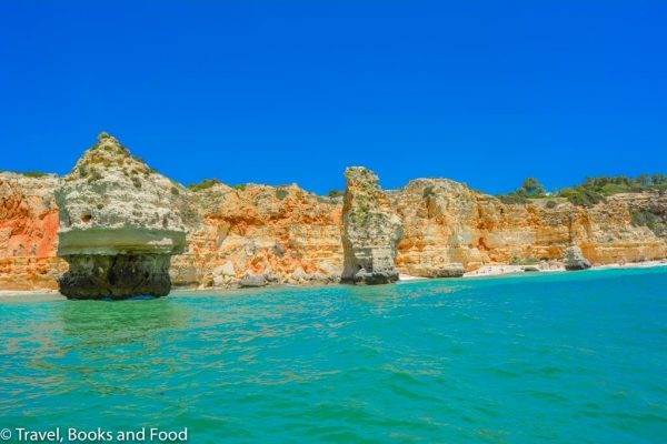 Turquoise waters against limestone cliffs in Algarve, one of my favorite European beach destinations